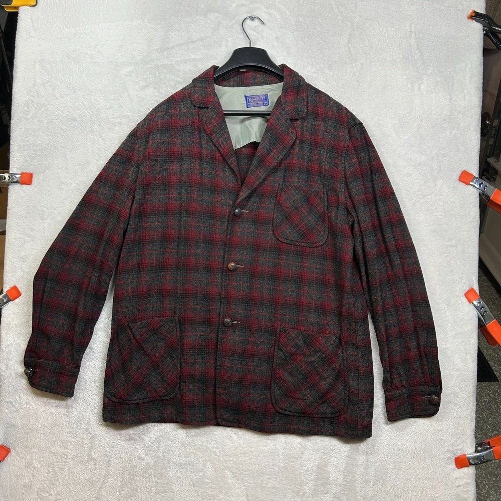 Vintage Pendleton Virgin Wool Blazer Jacket Men's Red Gray Plaid Classic - Large